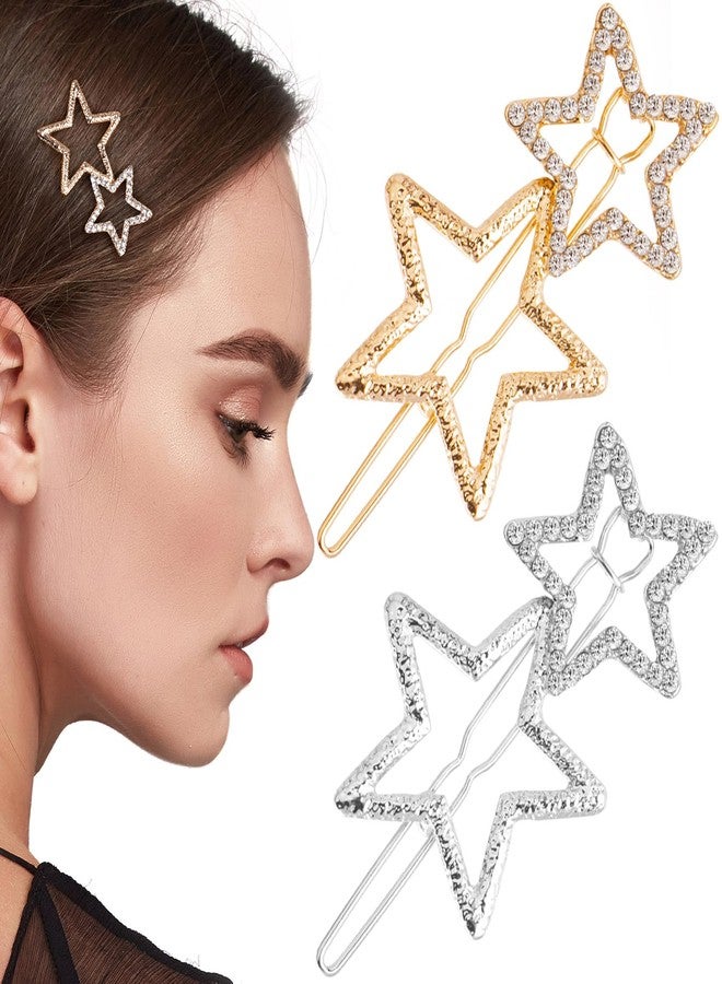 Mxxipp 4pcs Star Hair Pin for Women, Sparkly Rhinestone Crystal Hairstyle Bang Clips, Non-Slip Hollow Barrette Accessories for Long Short Straight Curly Hair- Gold & Silver - Image 1